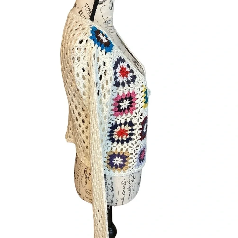 Luna Ivy Juniors Boho Crochet Cardigan Granny Square Cream Multi Size S New - Picture 2 of 6